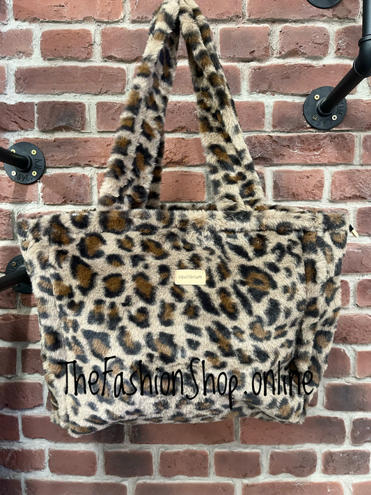 Dixie mocha faux fur leopard print tote bag