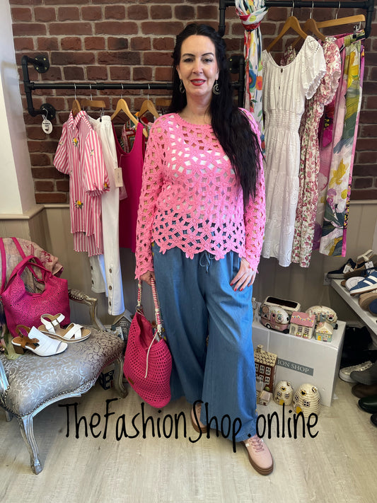 Erin pink floral crochet layering top 10-16