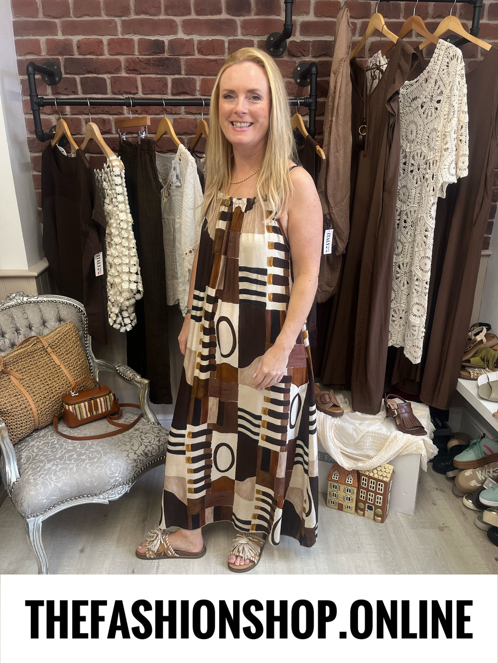 Aubrey camel and brown abstract print dress 10-16