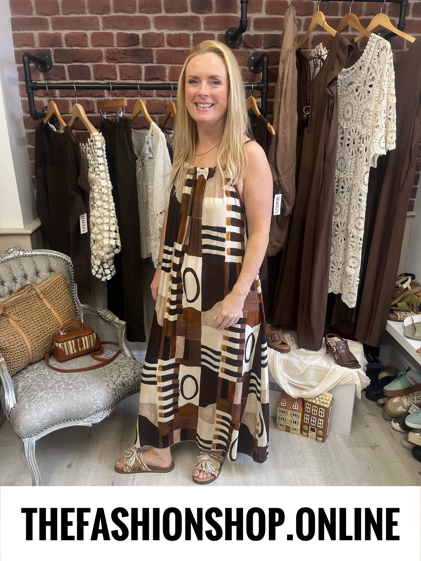 Aubrey camel and brown abstract print dress 10-16