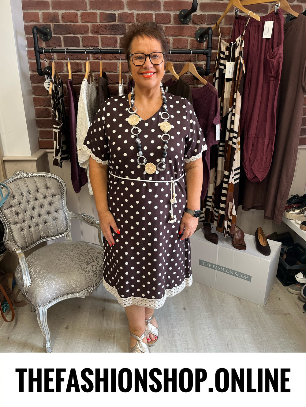 Carolyn brown linen mix polka dot dress 12-16