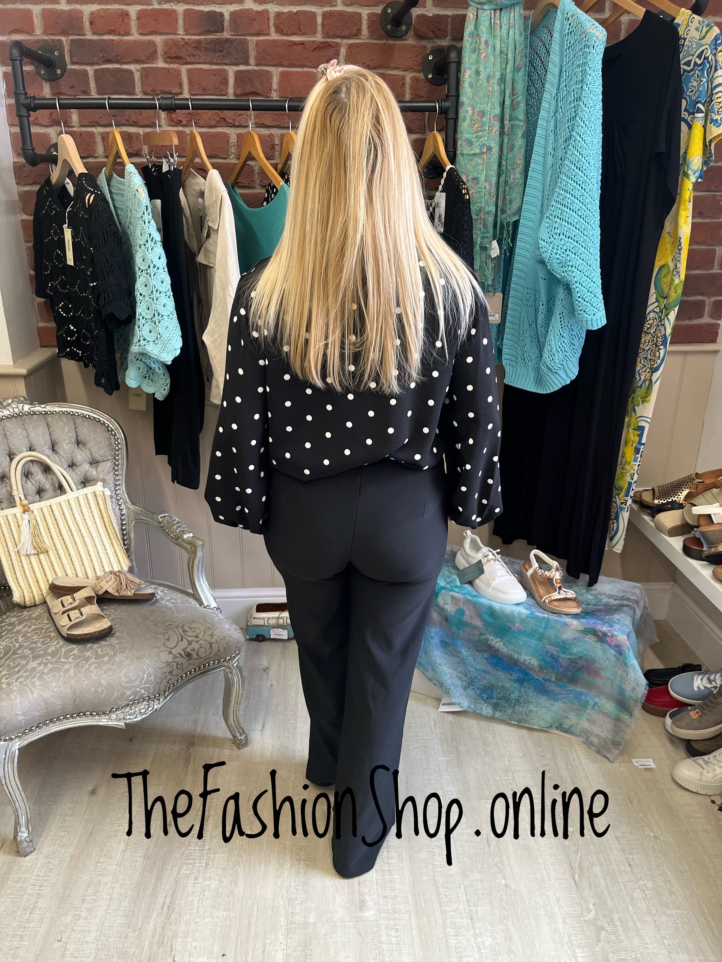 Natalie black and white spot tie neck blouse 10-14