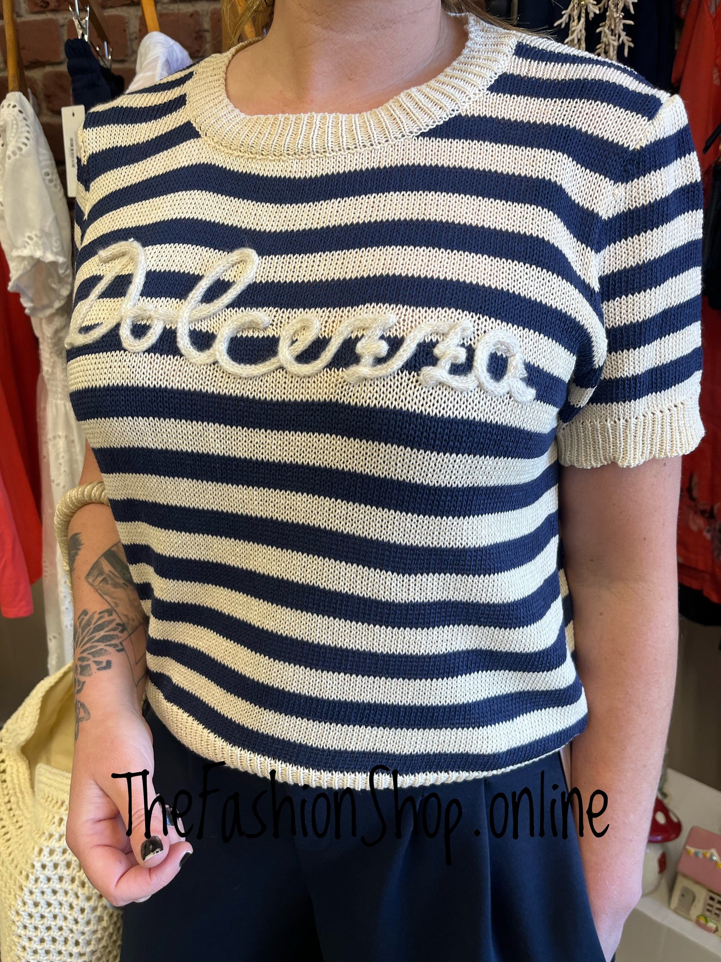 Anya navy and beige striped knitted top 8-14