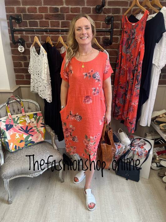 Helena coral linen floral dress 12-16