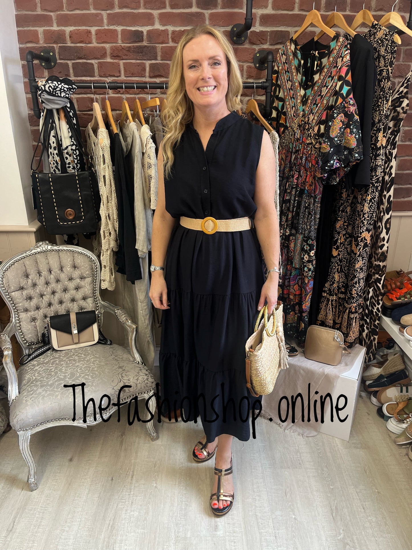 Opulent Leona black tiered dress with belt 8-16