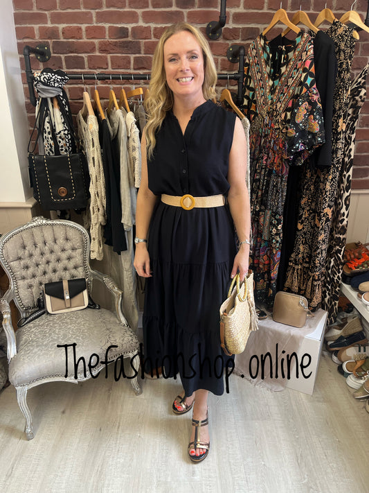 Opulent Leona black tiered dress with belt 8-16