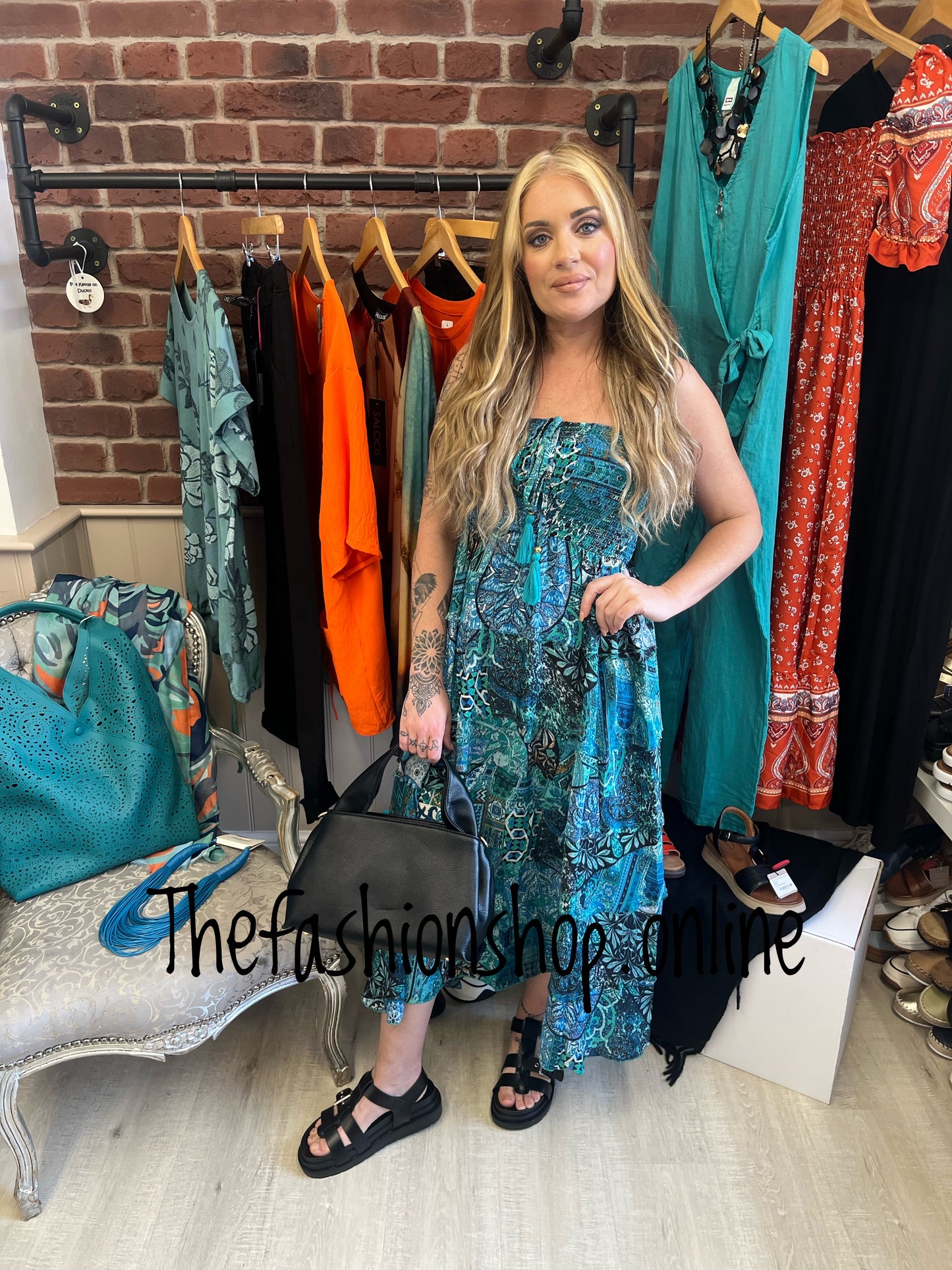 Rachel teal patchwork halter neck dress 8-14