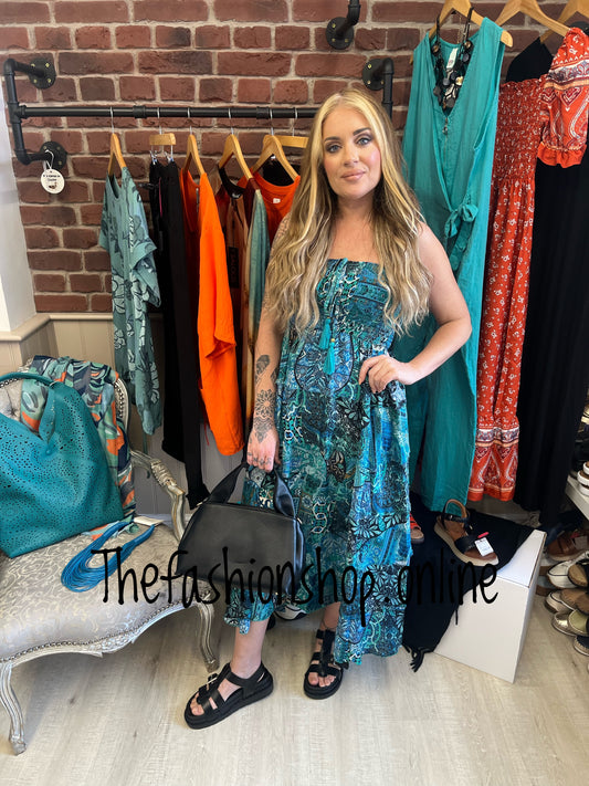 Rachel teal patchwork halter neck dress 8-14