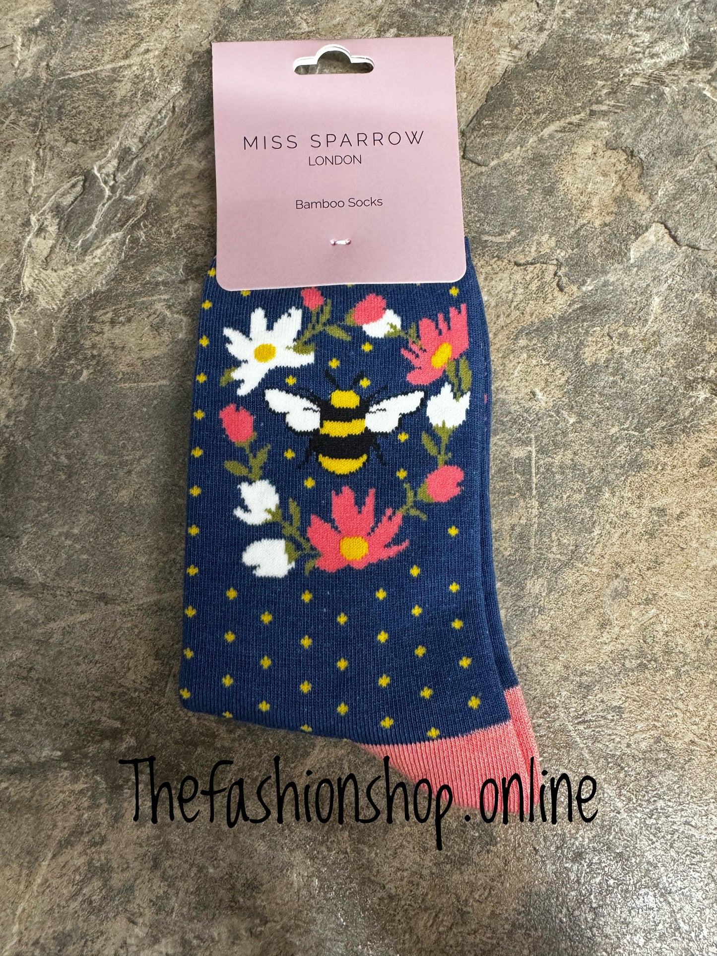 Miss Sparrow Navy Bumble Bee Wreath Bamboo socks 3-7