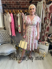 Harmony Pink and Green Floral Midi V Neck Dress 10-18