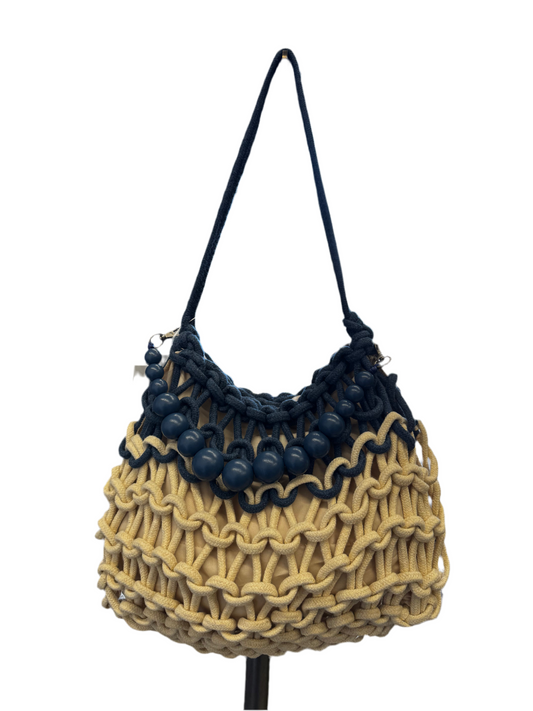 Navy and beige chunky knitted bag