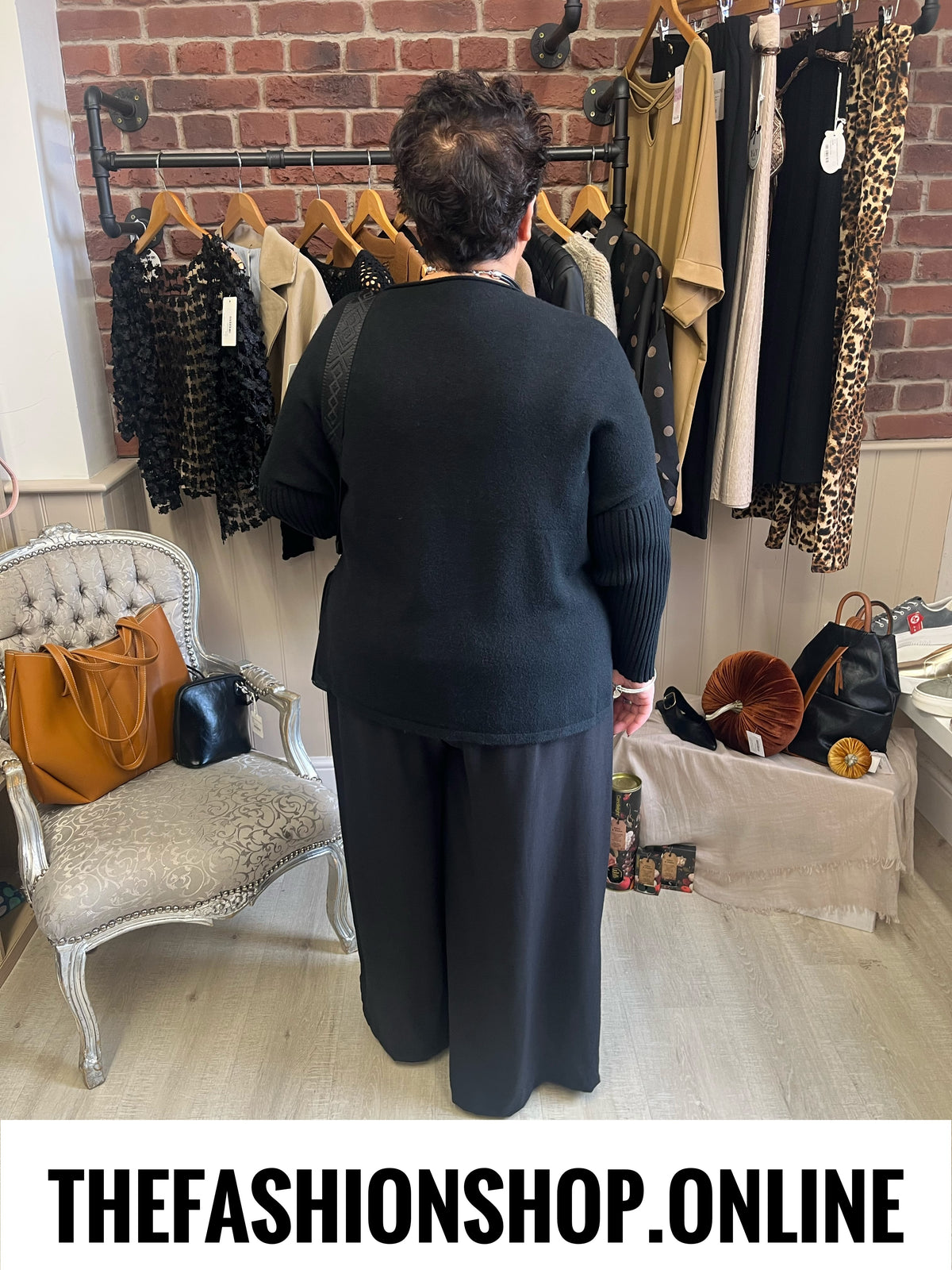 Faye black cashmere mix ribbed sleeve jumper 14-22