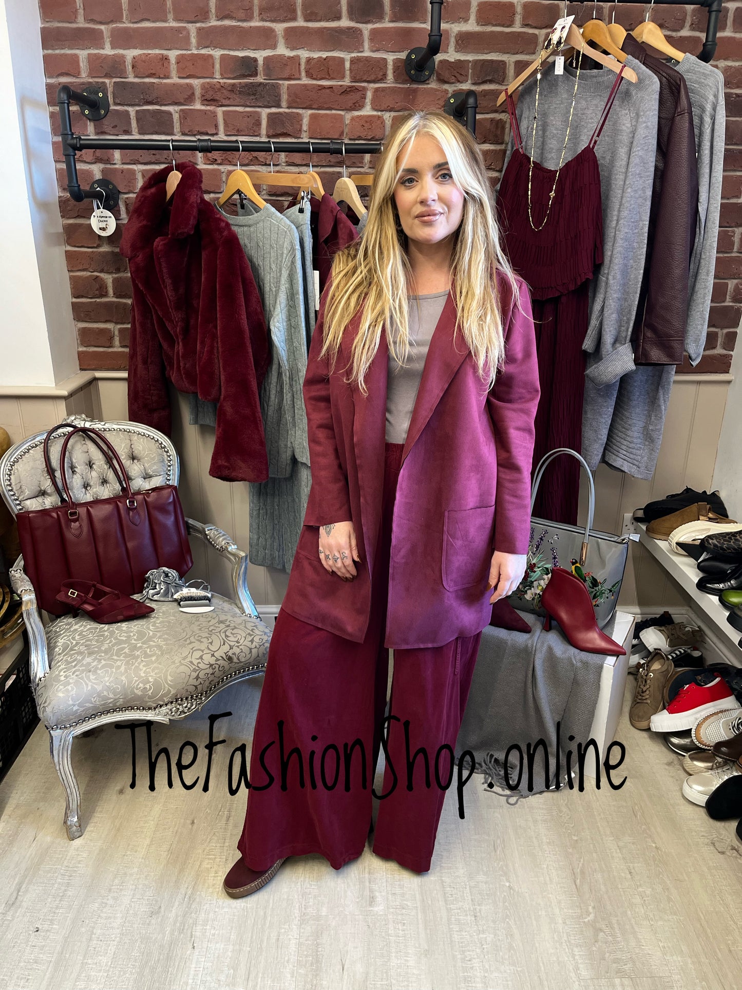 Cassie wine faux suede mid length jacket 10-16