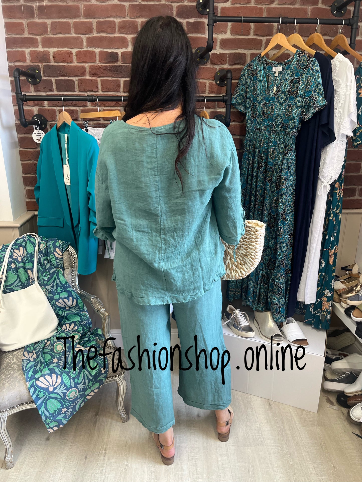 Demi teal linen raw edge top 8-14