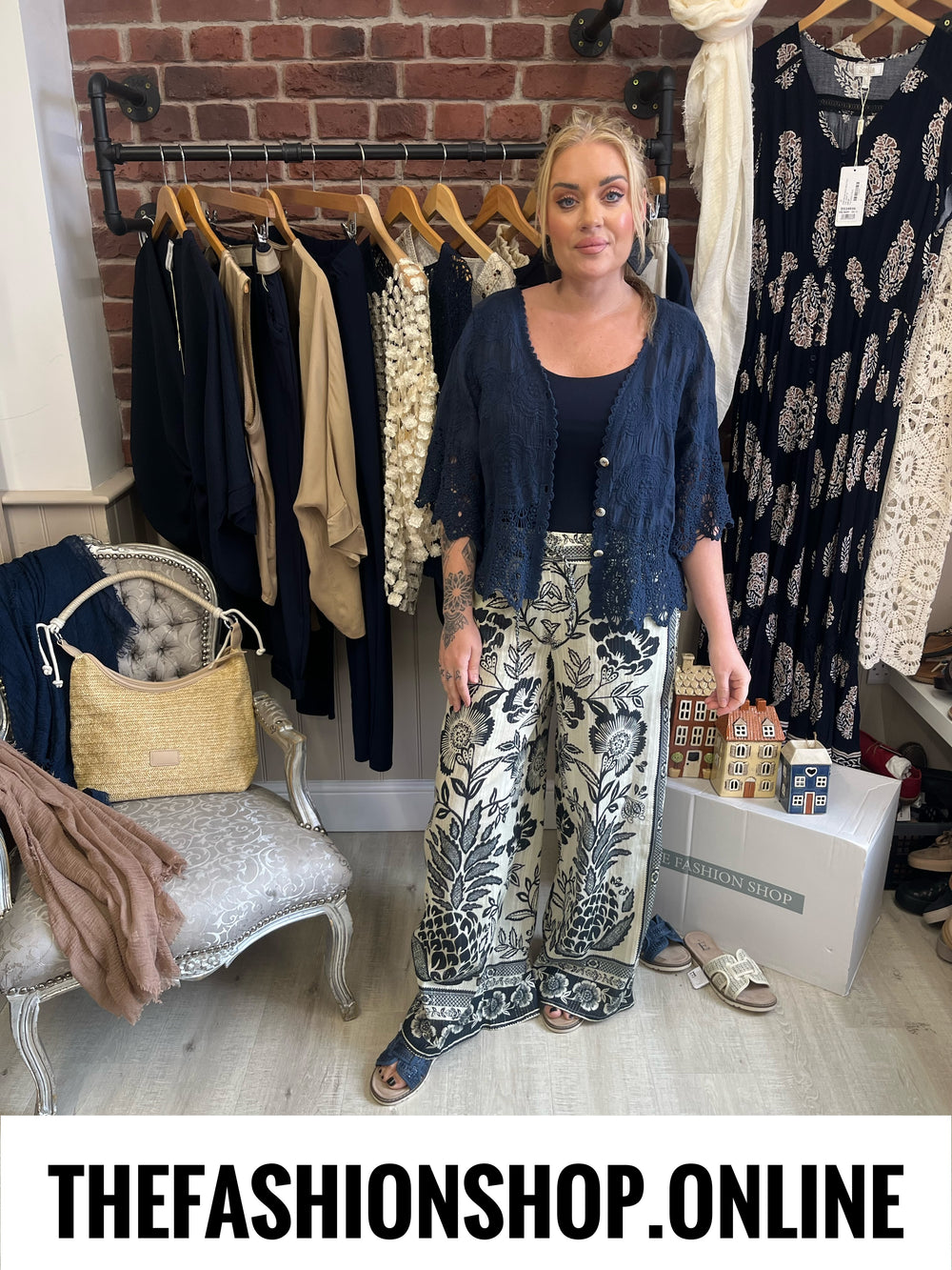 Katrina navy and ivory print wide leg trousers 8-12