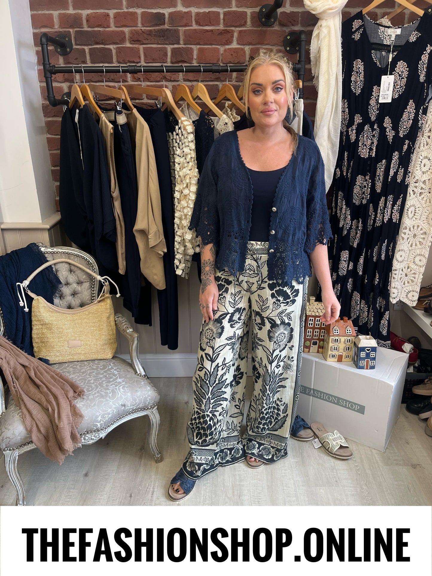 Katrina navy and ivory print wide leg trousers 8-12