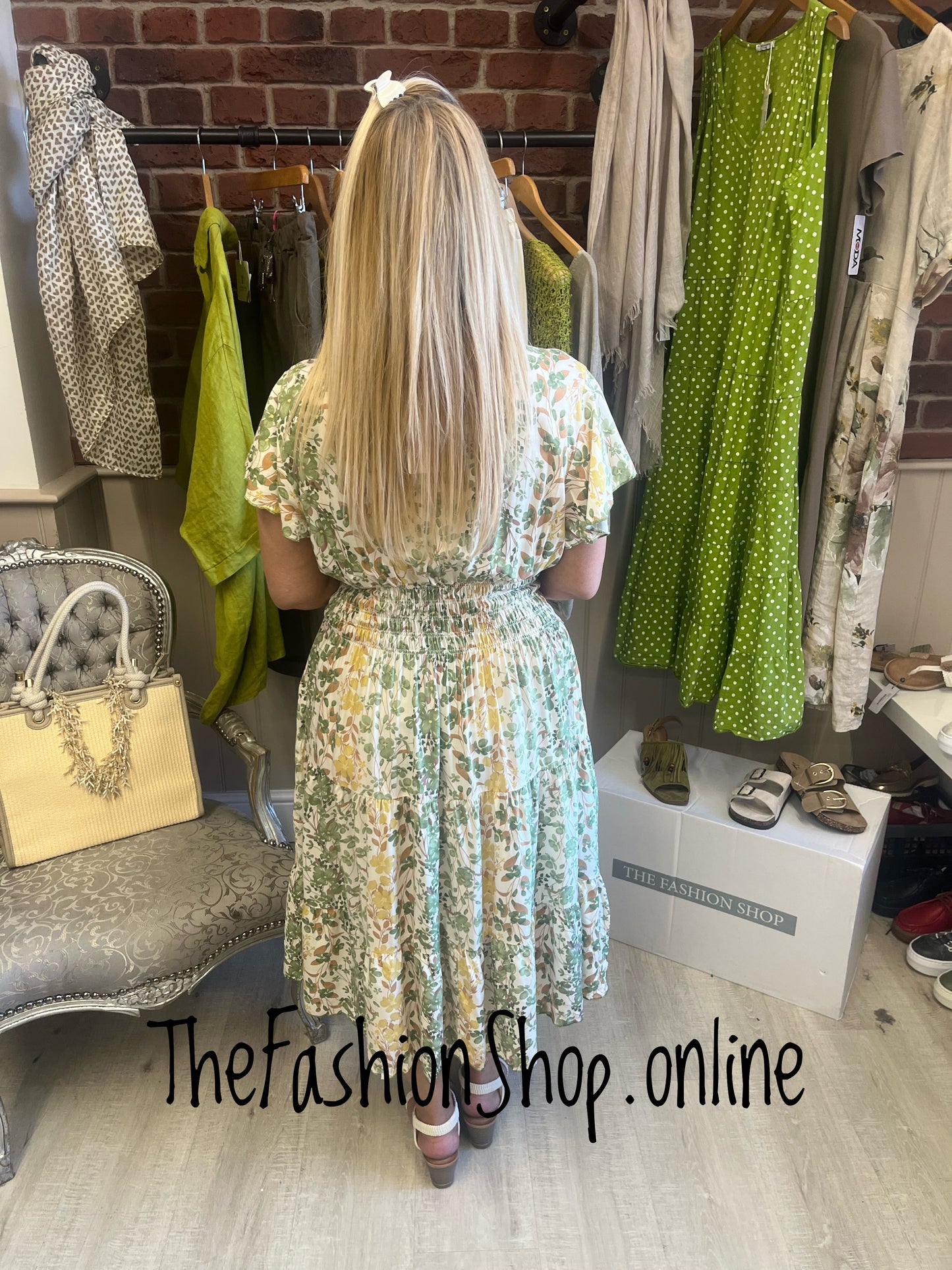 Harmony Yellow and Green Floral Midi V Neck Dress 10-18