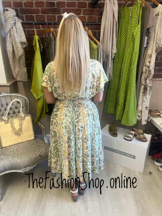 Harmony Yellow and Green Floral Midi V Neck Dress 10-18