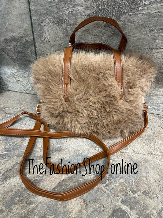 Maisie small camel faux fur bag