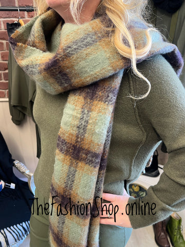 Green brown and camel tartan winter scarf