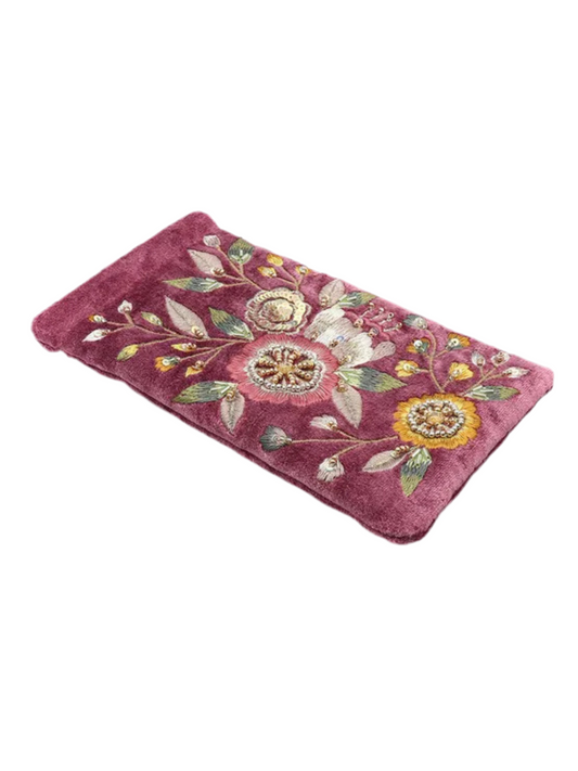 Pom Blush Pink Velvet Glasses case with Vintage Style Floral Embroidery