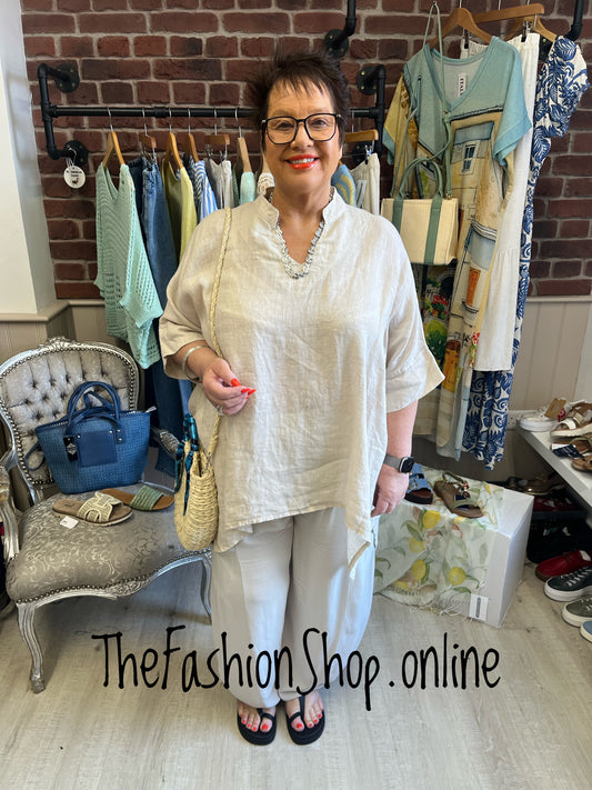 Abbie beige linen dipped hem top 16-24