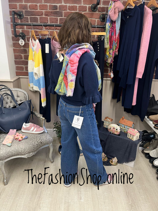 Tess navy jumper with frill sleeve 8-14