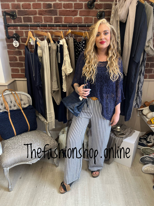 Betsy blue and white striped trousers with belt 8-14