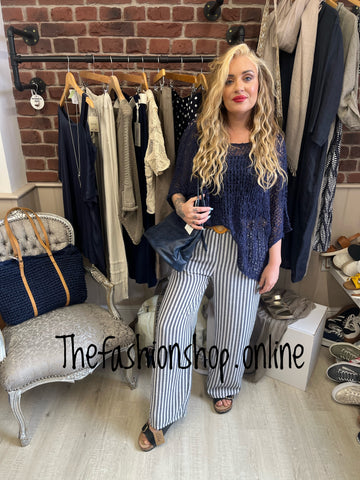 Betsy blue and white striped trousers with belt 8-14