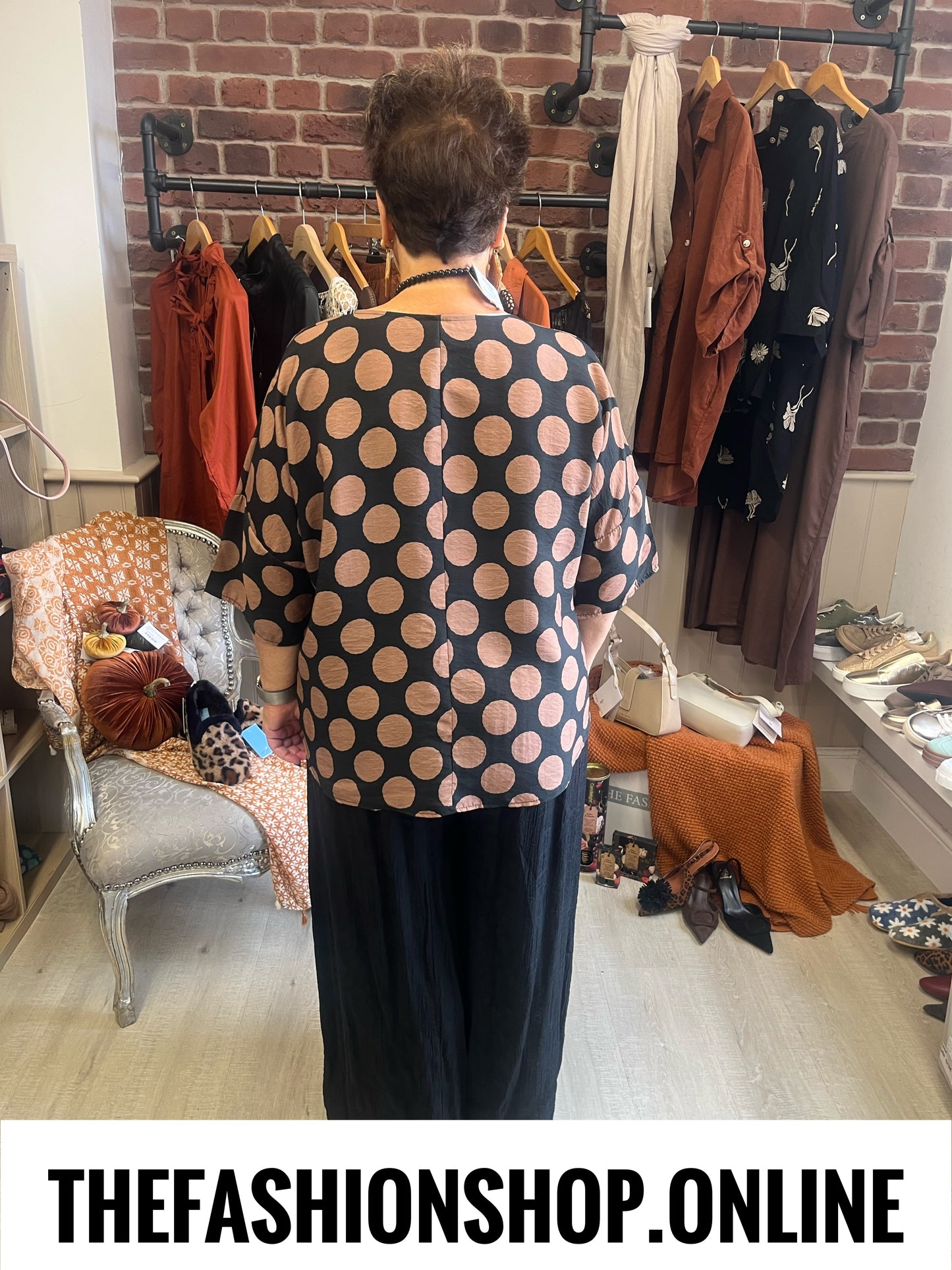 Nancy black and camel spot button top 14-20