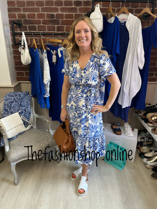Nicola royal blue and white palm dress 10, 12, 14 and 16