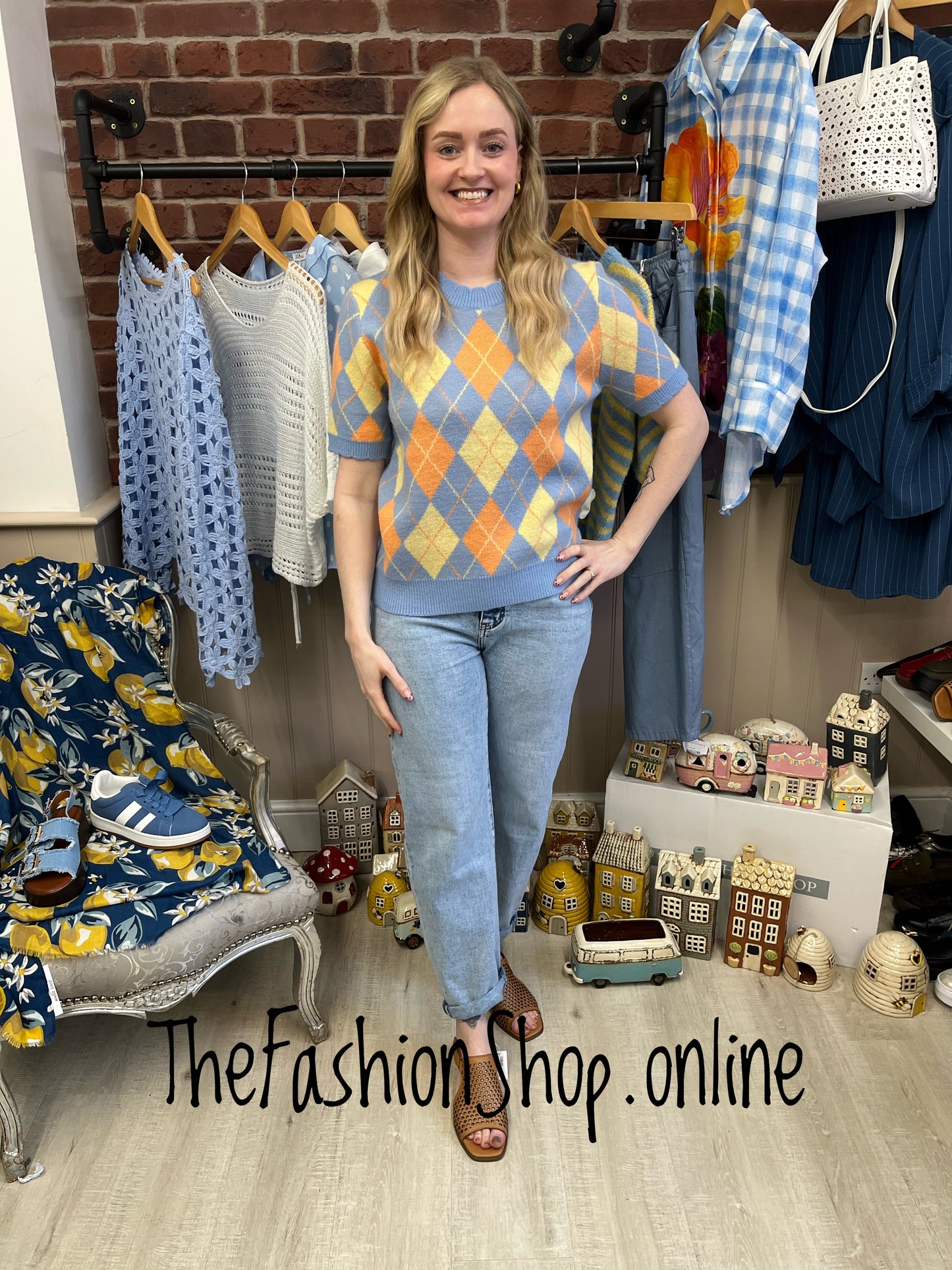 Orla blue, orange and yellow argyle knitted top 8-14