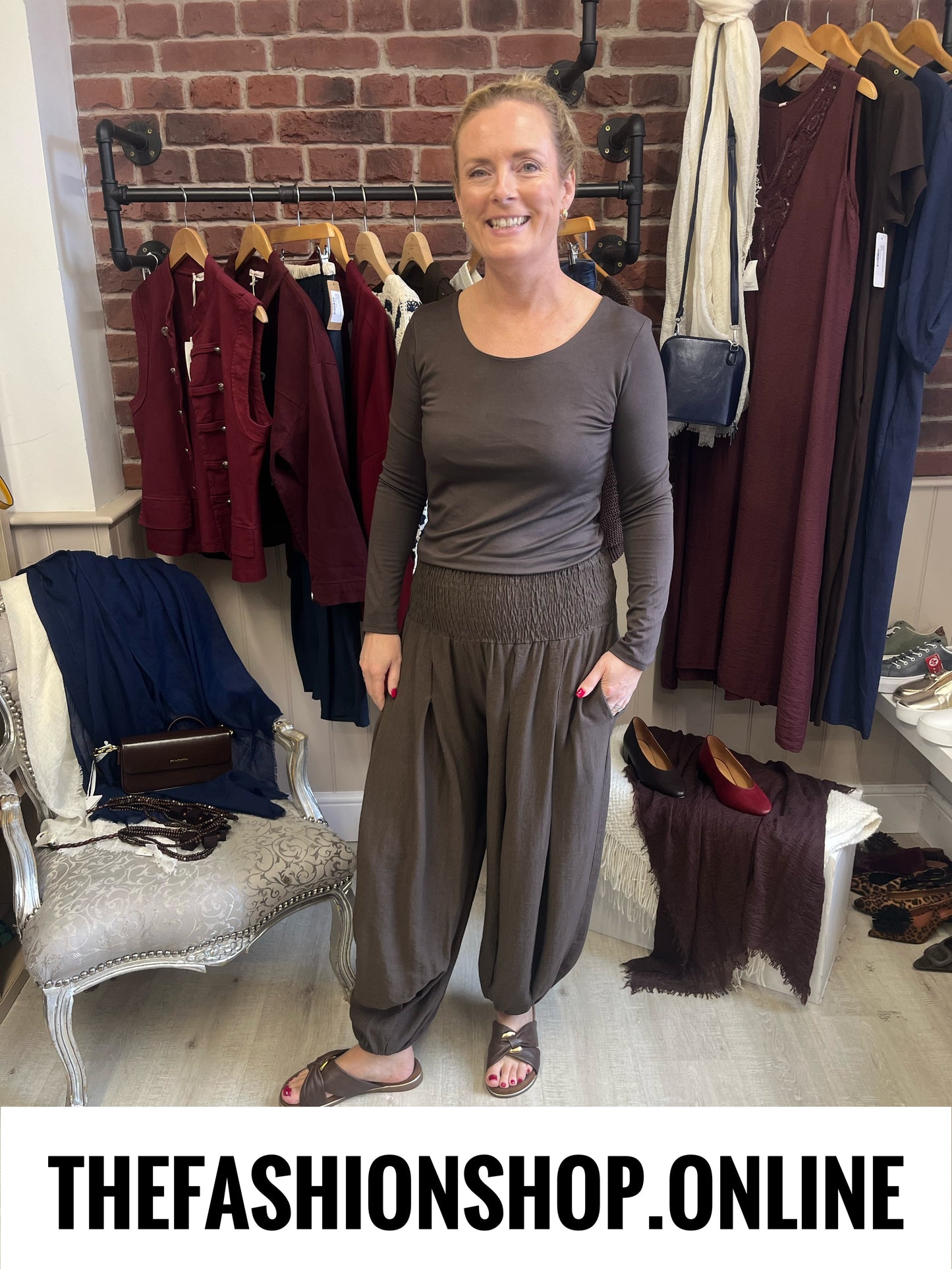 Alice shirred waist brown harem trousers 10-16