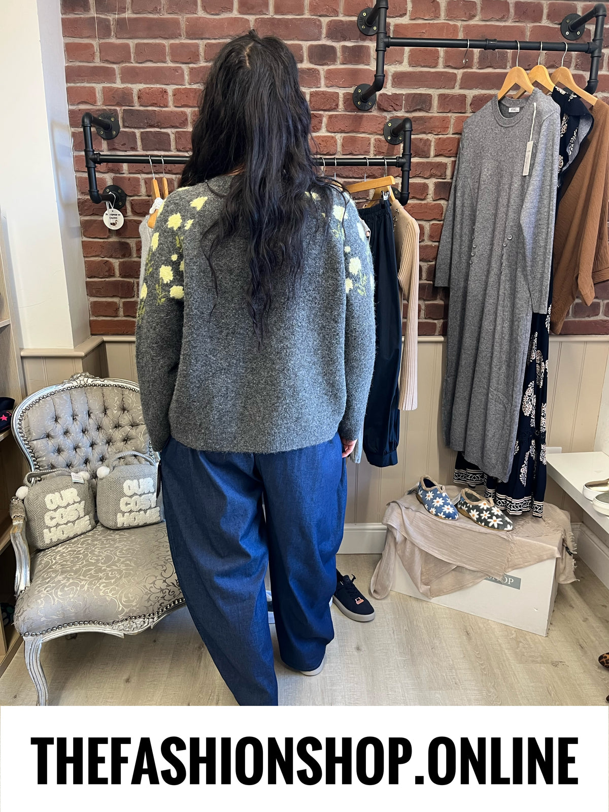 Harriet grey wool mix floral cardigan sizes 10-12, 14-16 and 18-20