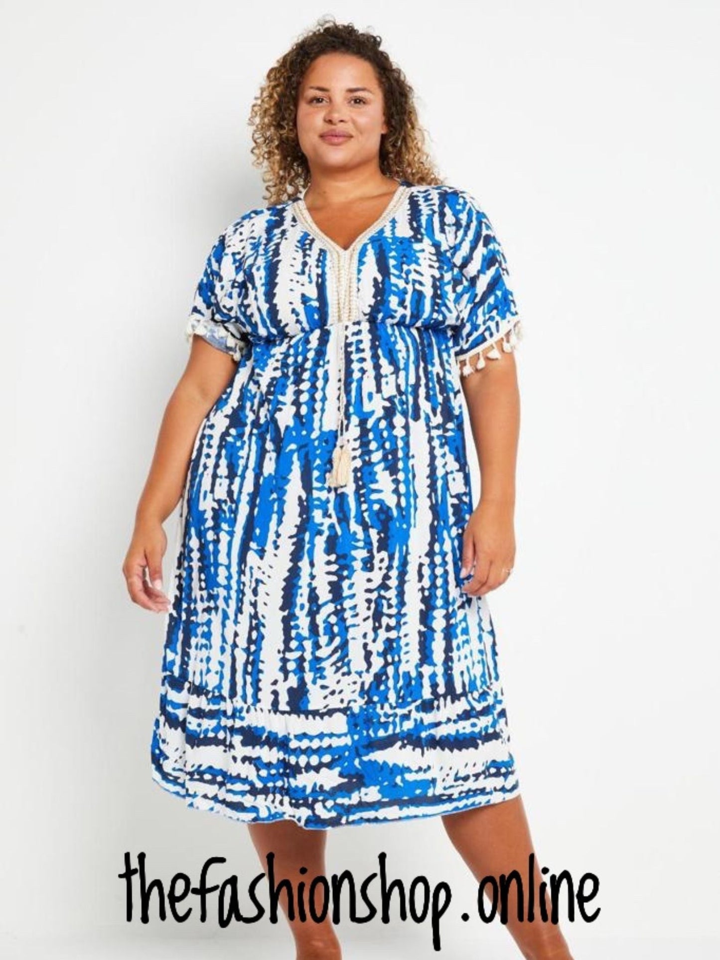 Plus size blue and white tassel midi dress 16-26