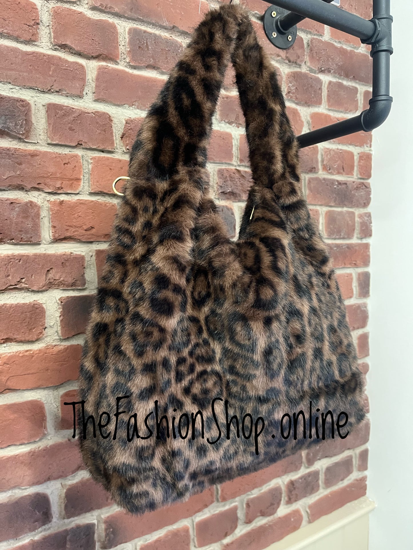 Harlow coffee brown leopard print faux fur shoulder bag