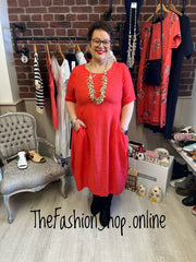 Selena coral round neck linen dress 14-20