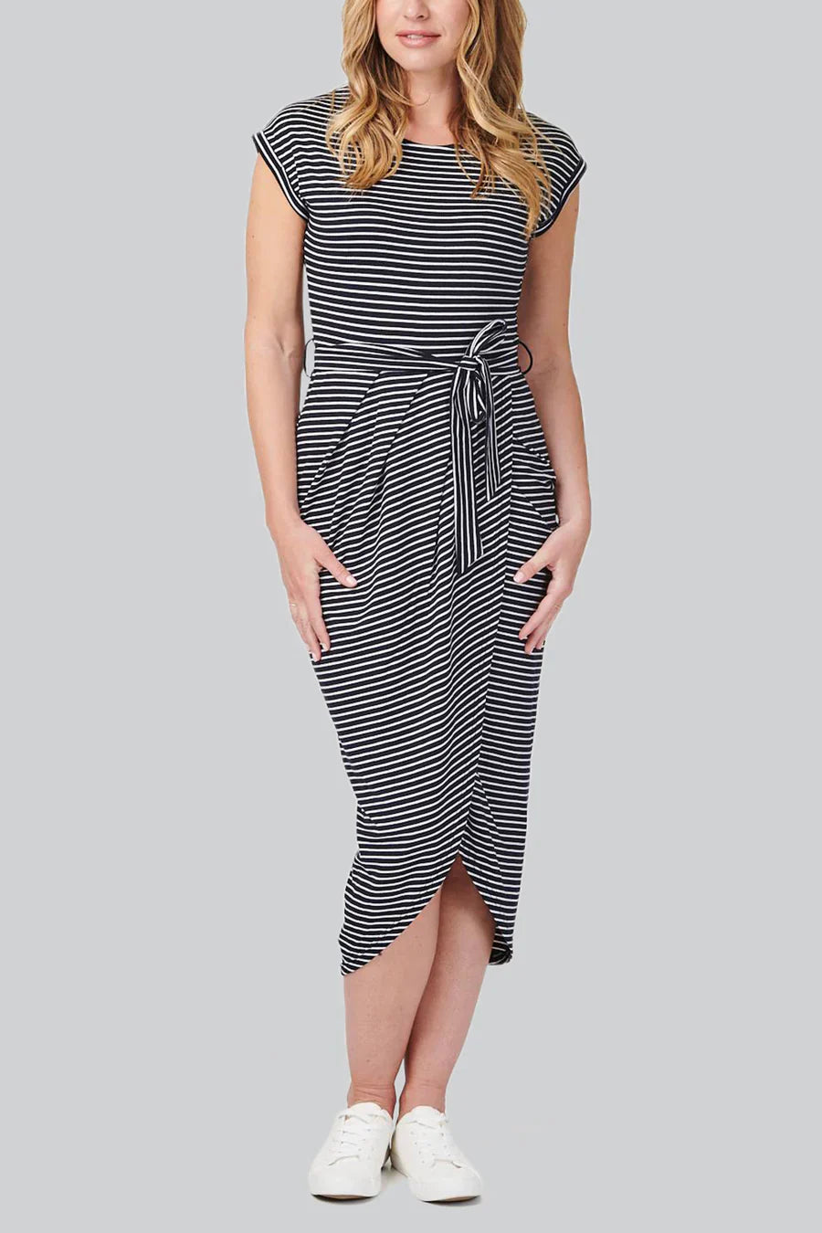 Stella Morgan navy striped tie waist tulip dress sizes 8,10,12,14,16