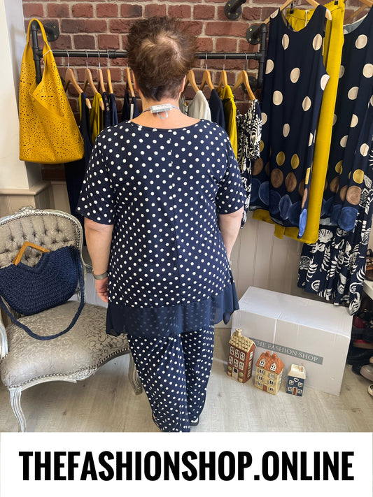 Luna navy polka dot chiffon hem top 14-20