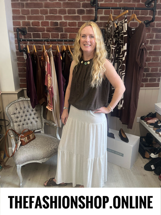 Rosa beige linen mix tiered skirt 8-14