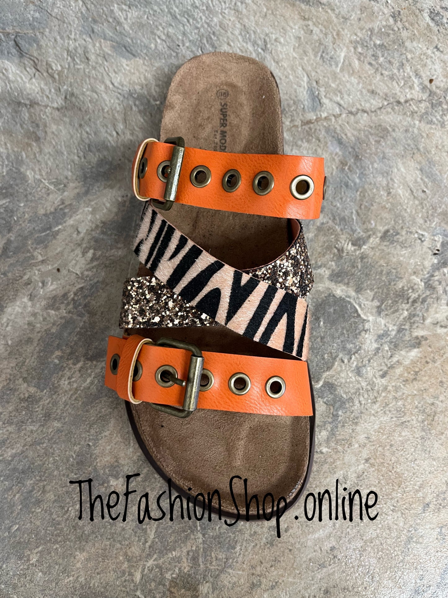 Orla orange and zebra print sliders sizes 3-8 (36-41)