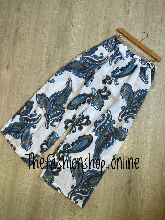 Ulrika white and blue paisley linen trousers 16-20