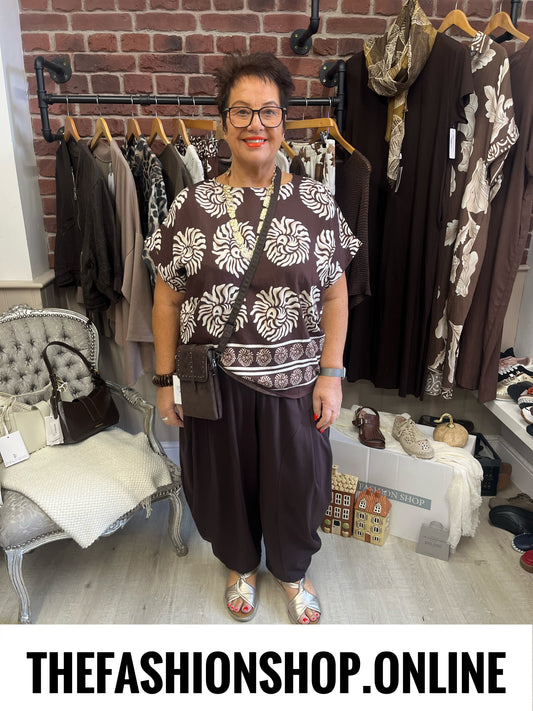 Hannah brown boho print linen mix top 12-18