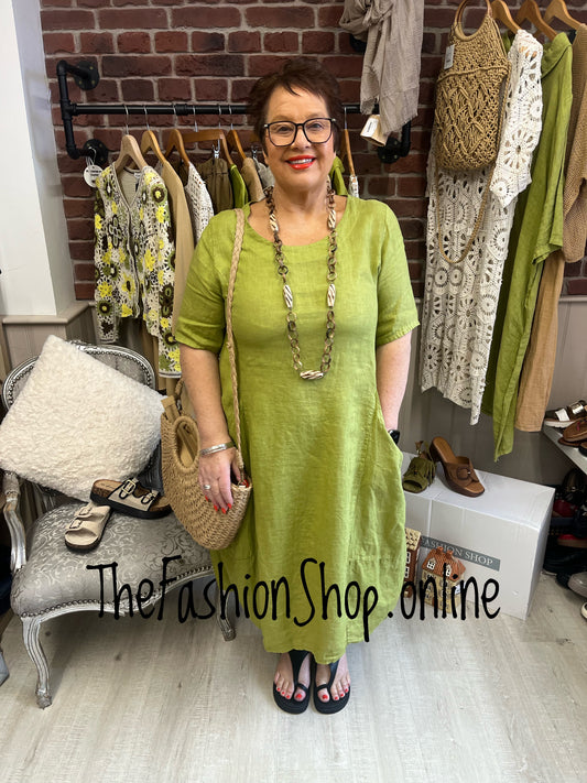 Selena olive round neck linen dress 14-18