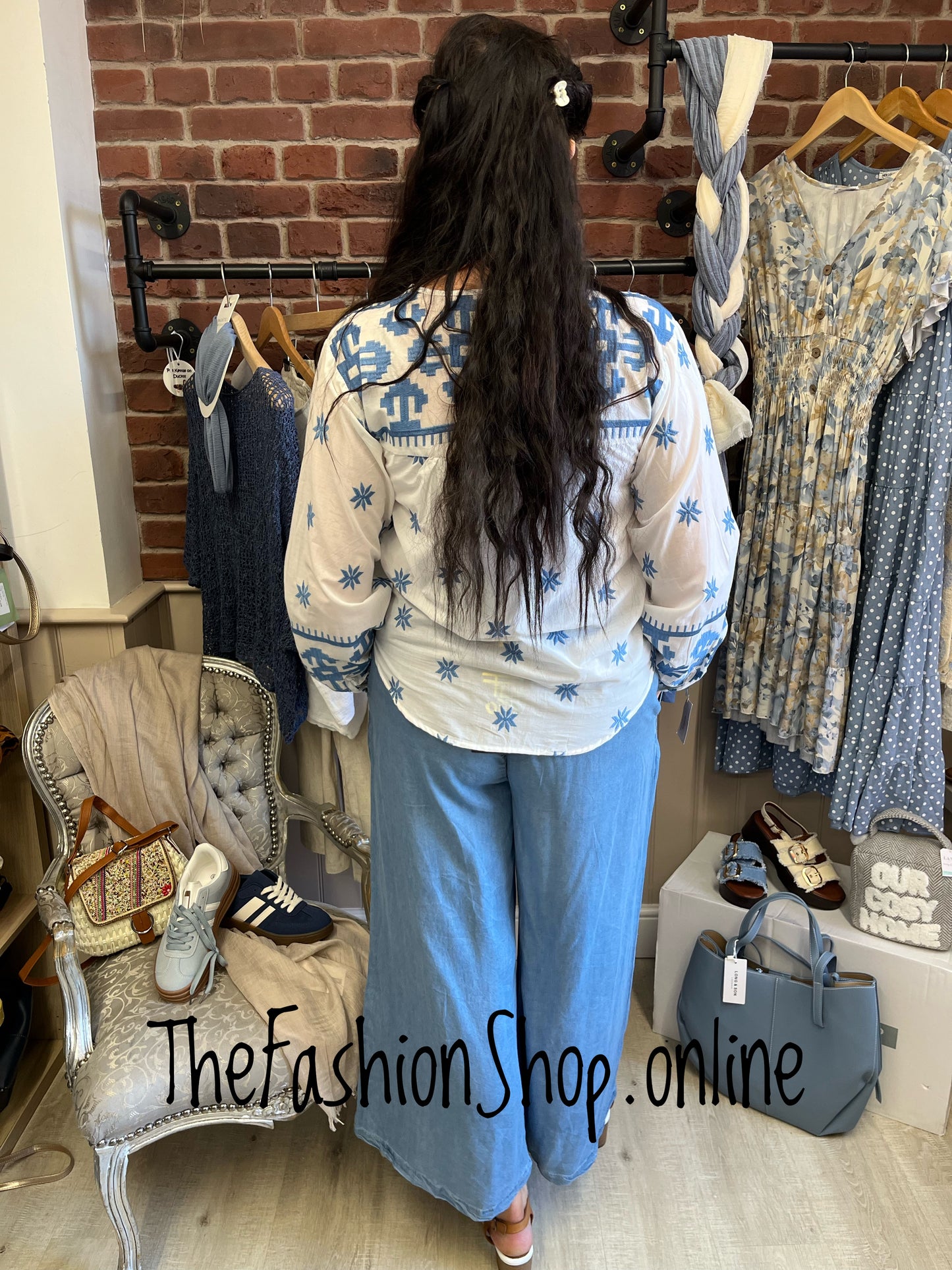 Bella blue and white embroidered blouse 10-12