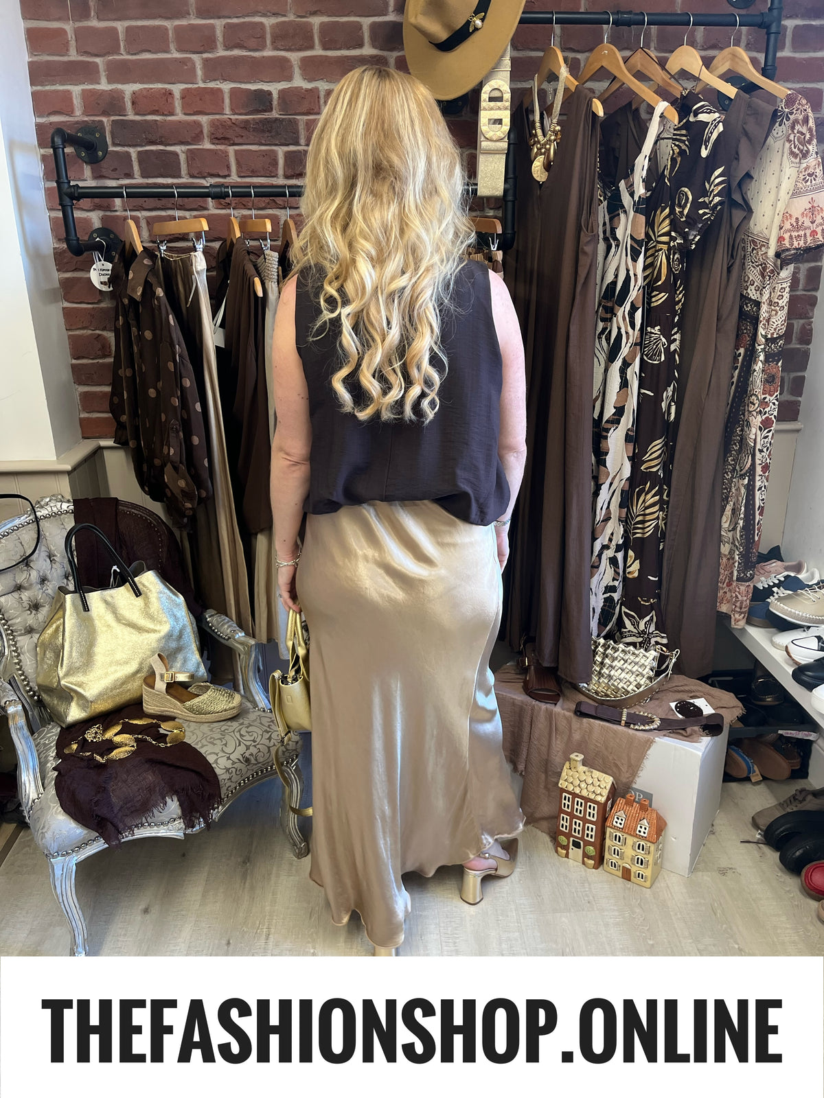 Remi gold sateen maxi skirt 8-14