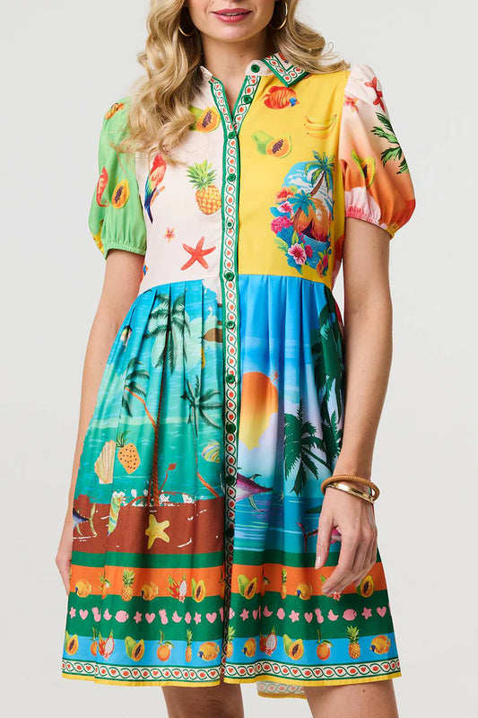 Stella Morgan tropical puff sleeve shirt dress sizes 8-16 features vibrant colors and a playful summer design.