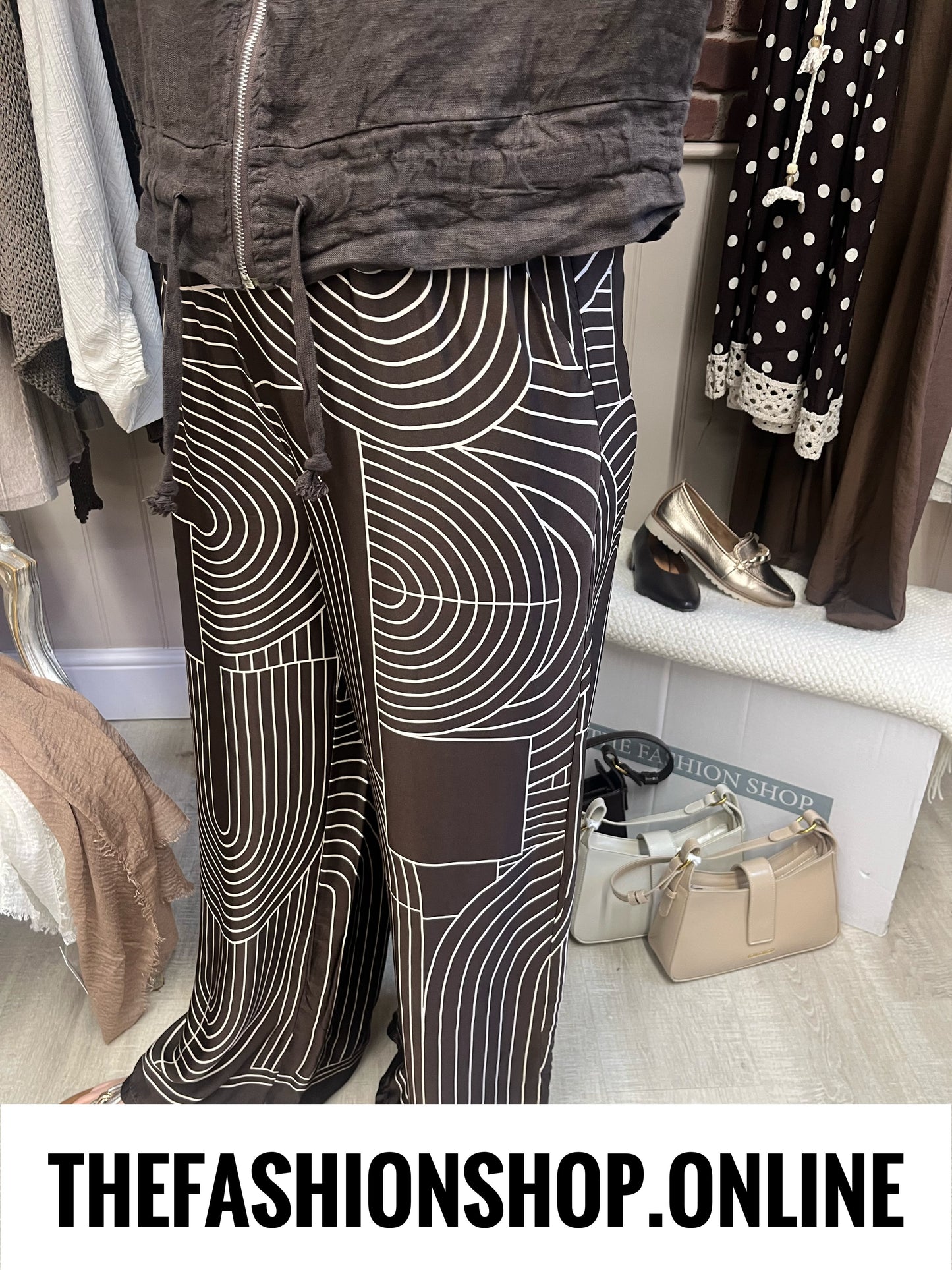 Deena brown geometric silk feel trousers 8-16
