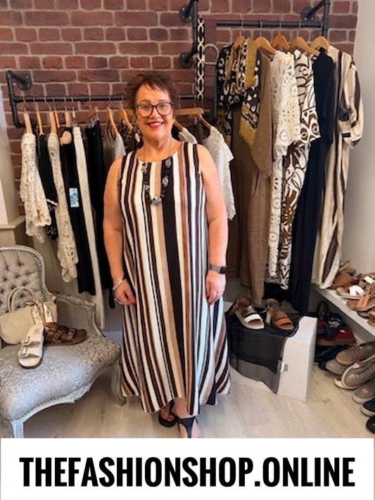 Sofia brown black and cream striped A-line dress 12-18