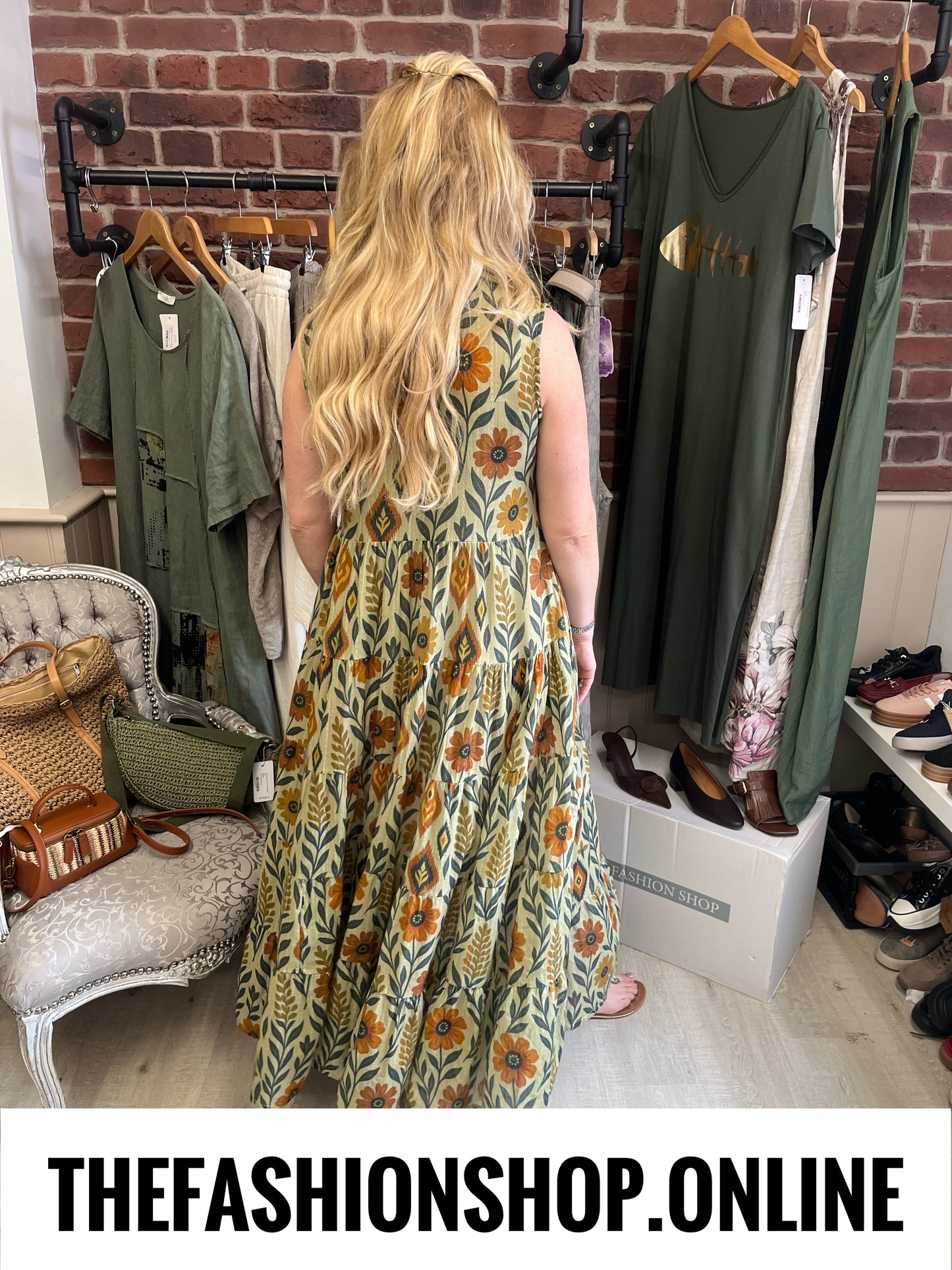 Reese khaki floral leaves tiered dress sizes 10, 12 and 14